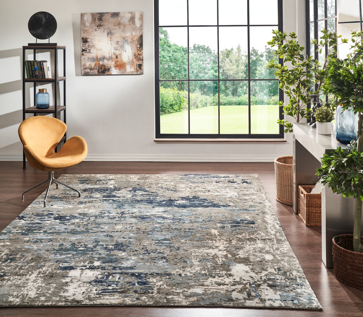 Modern abstract rug in living room