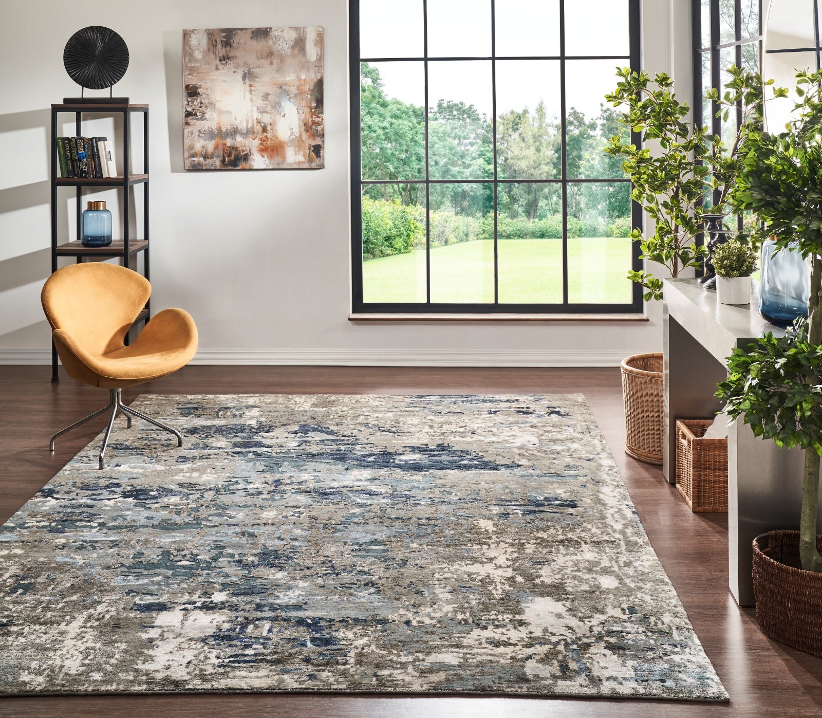 Modern abstract rug in living room